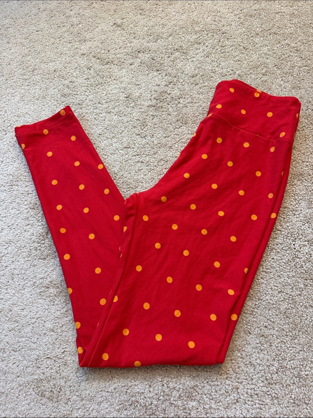 LuLaRoe Print Legging Red Leggings with Yellow Polka Dots One Size